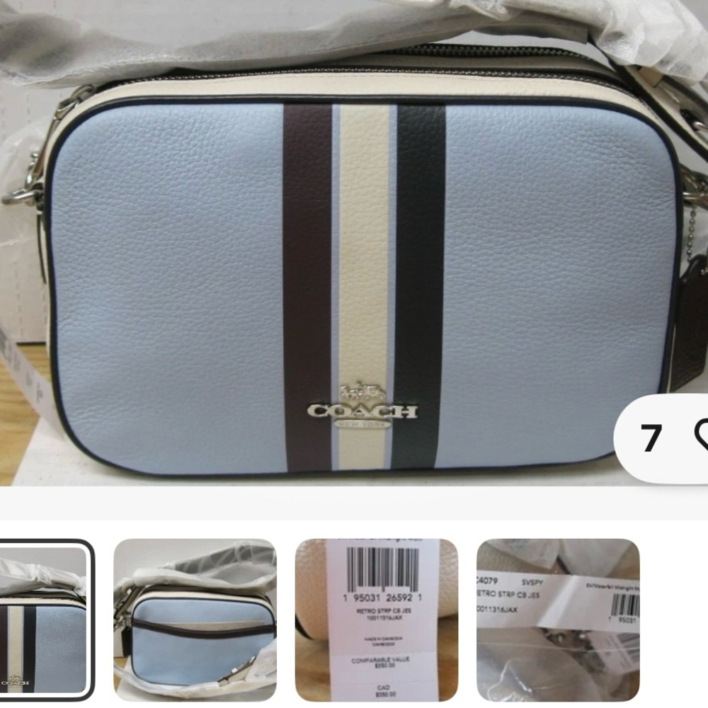 Coach Light Blue and Black Stripe Bag

All coach fabrics are water repellent.